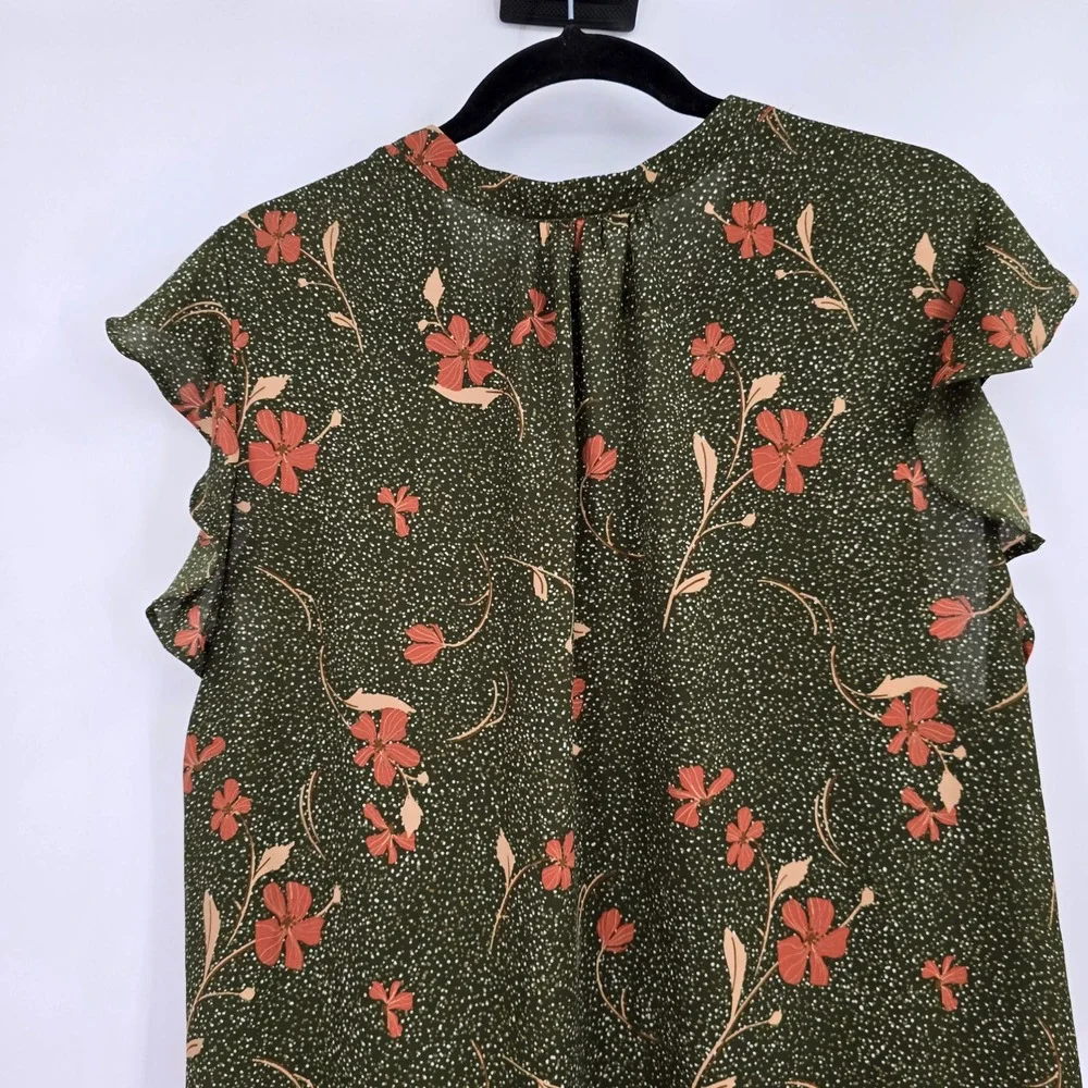 Les Serein Womens 2X Olive Green Floral Ruffle Cap Sleeve V-Neck Tie Blouse - Picture 5 of 10